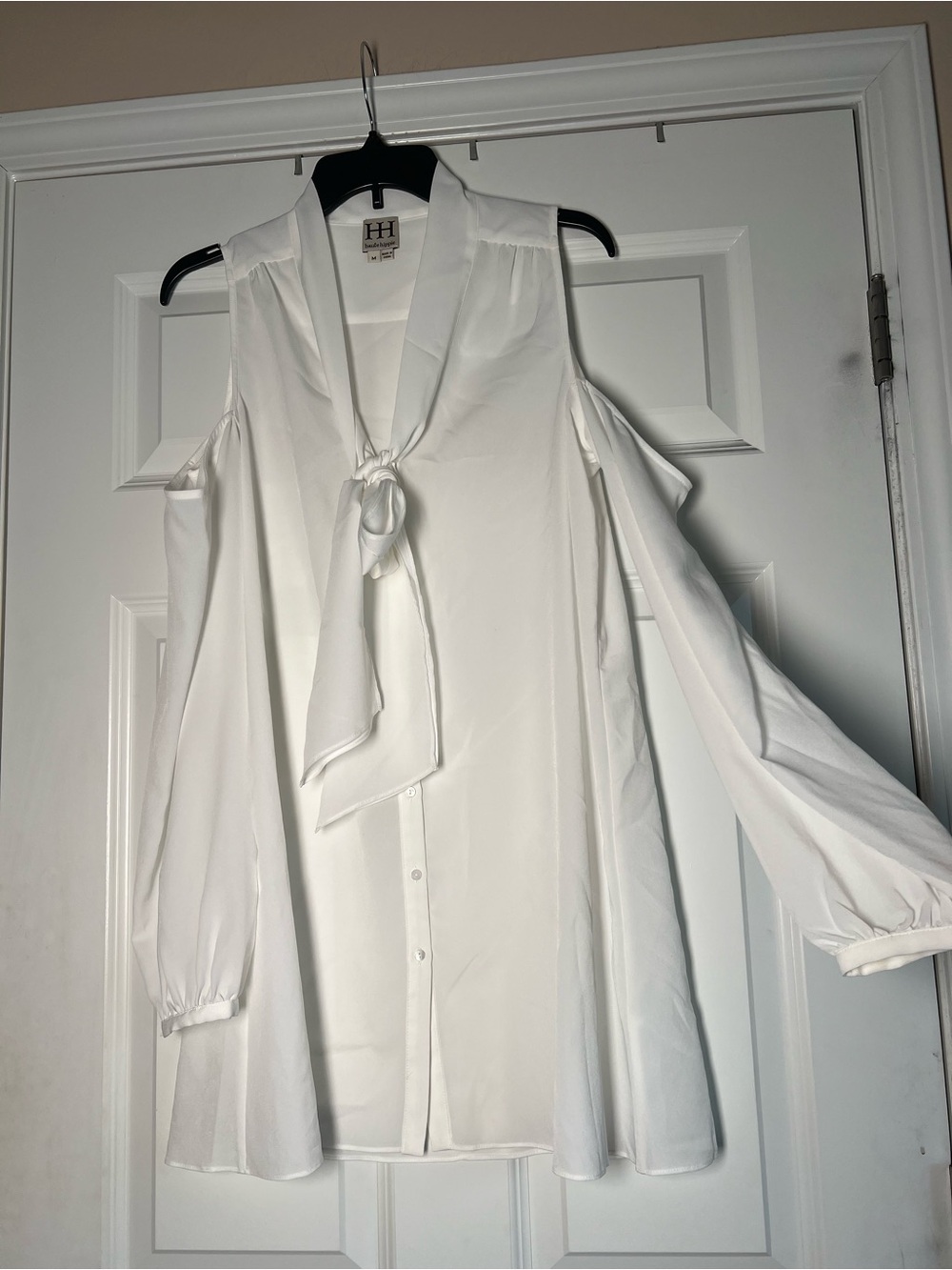 Haute Hippie White Cold-Shoulder Long Sleeve Tie-Neck Dress